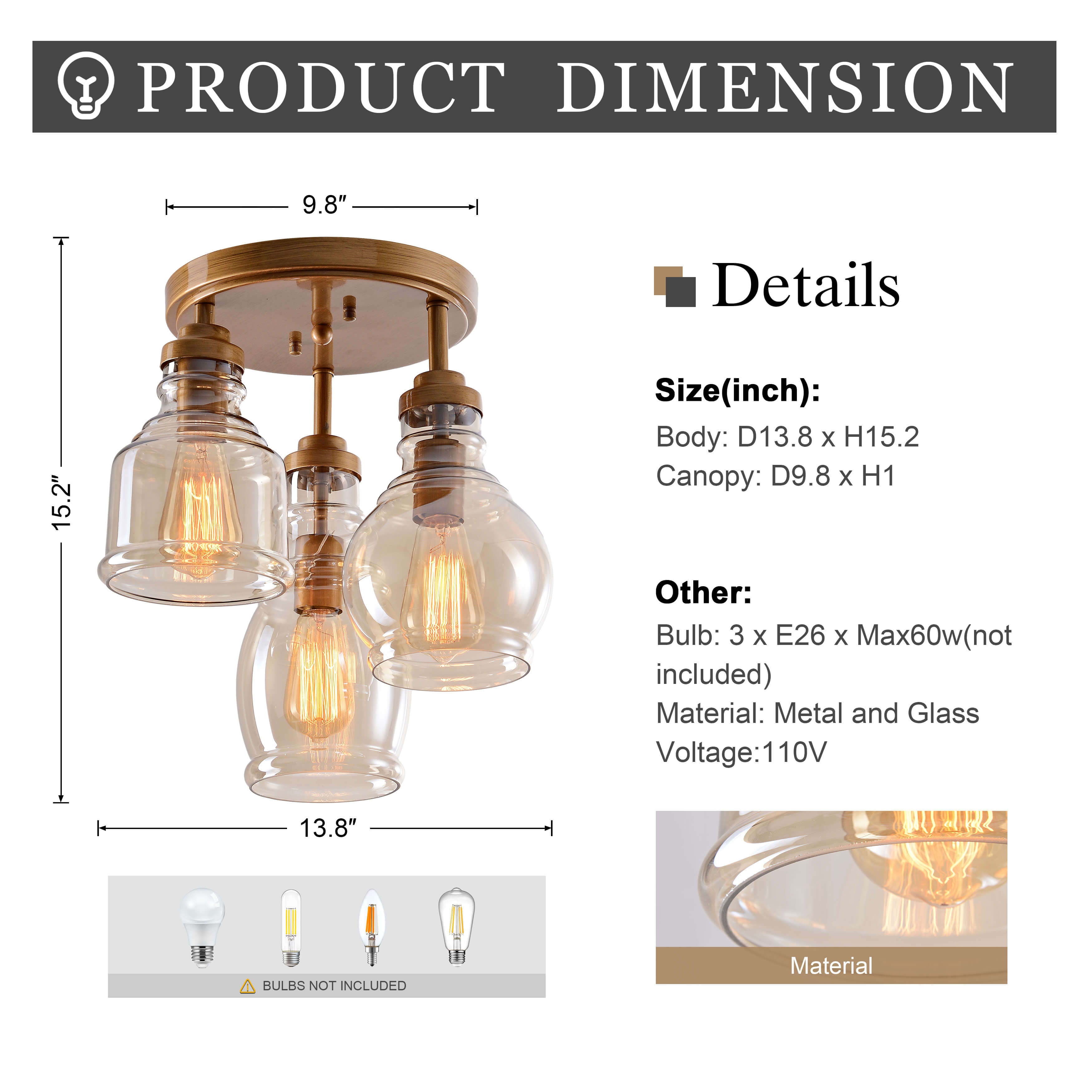 Mariana 3-Light Flush Mount with Cognac Glass Shade - Brushed Brass LJ-8843-ZNH
