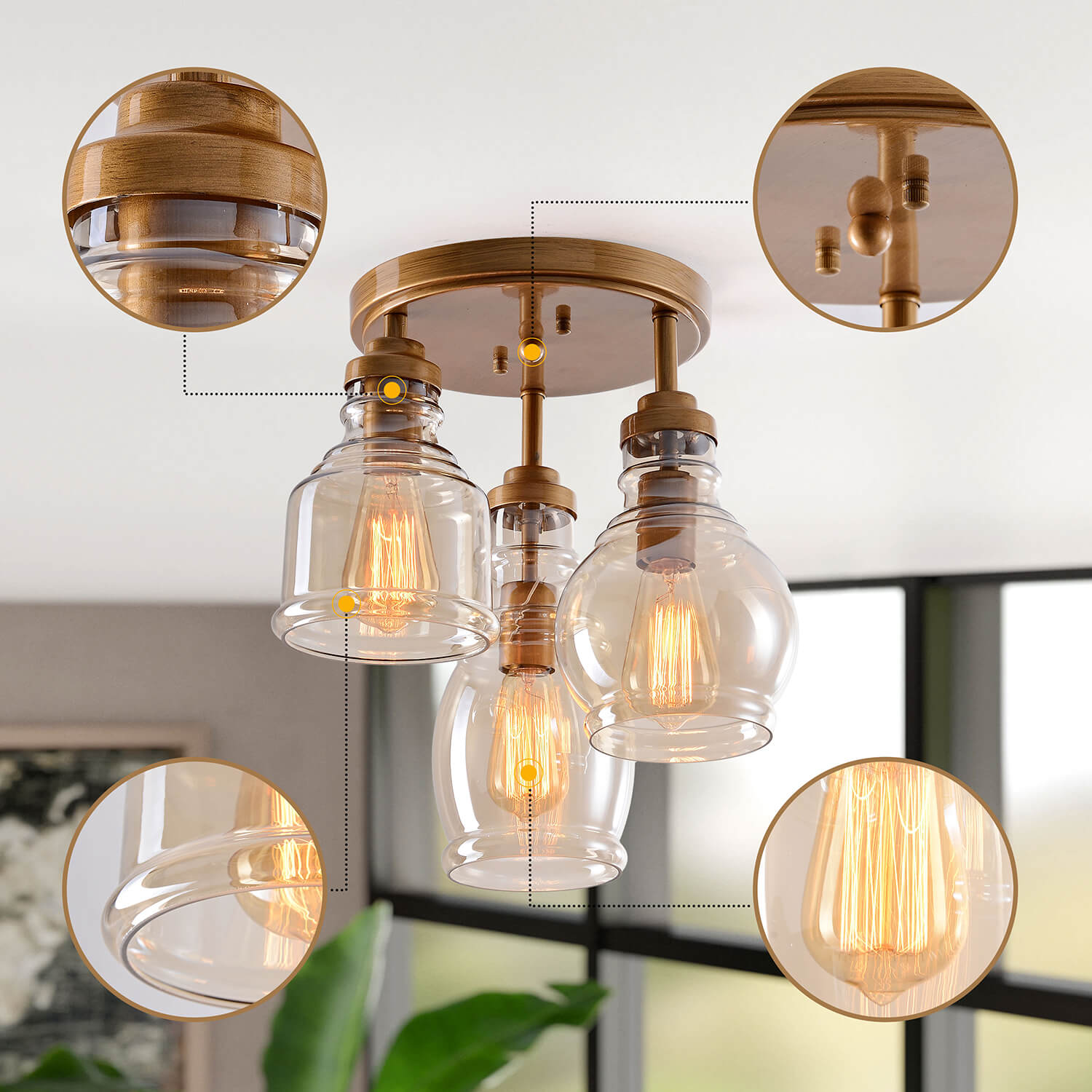 Mariana 3-Light Flush Mount with Cognac Glass Shade - Brushed Brass LJ-8843-ZNH
