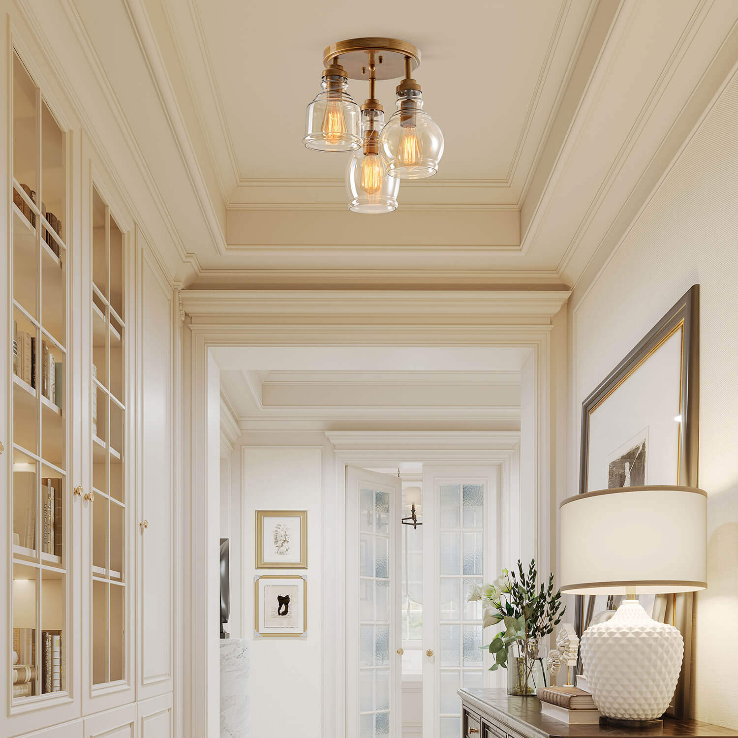 Mariana 3-Light Flush Mount with Cognac Glass Shade - Brushed Brass LJ-8843-ZNH