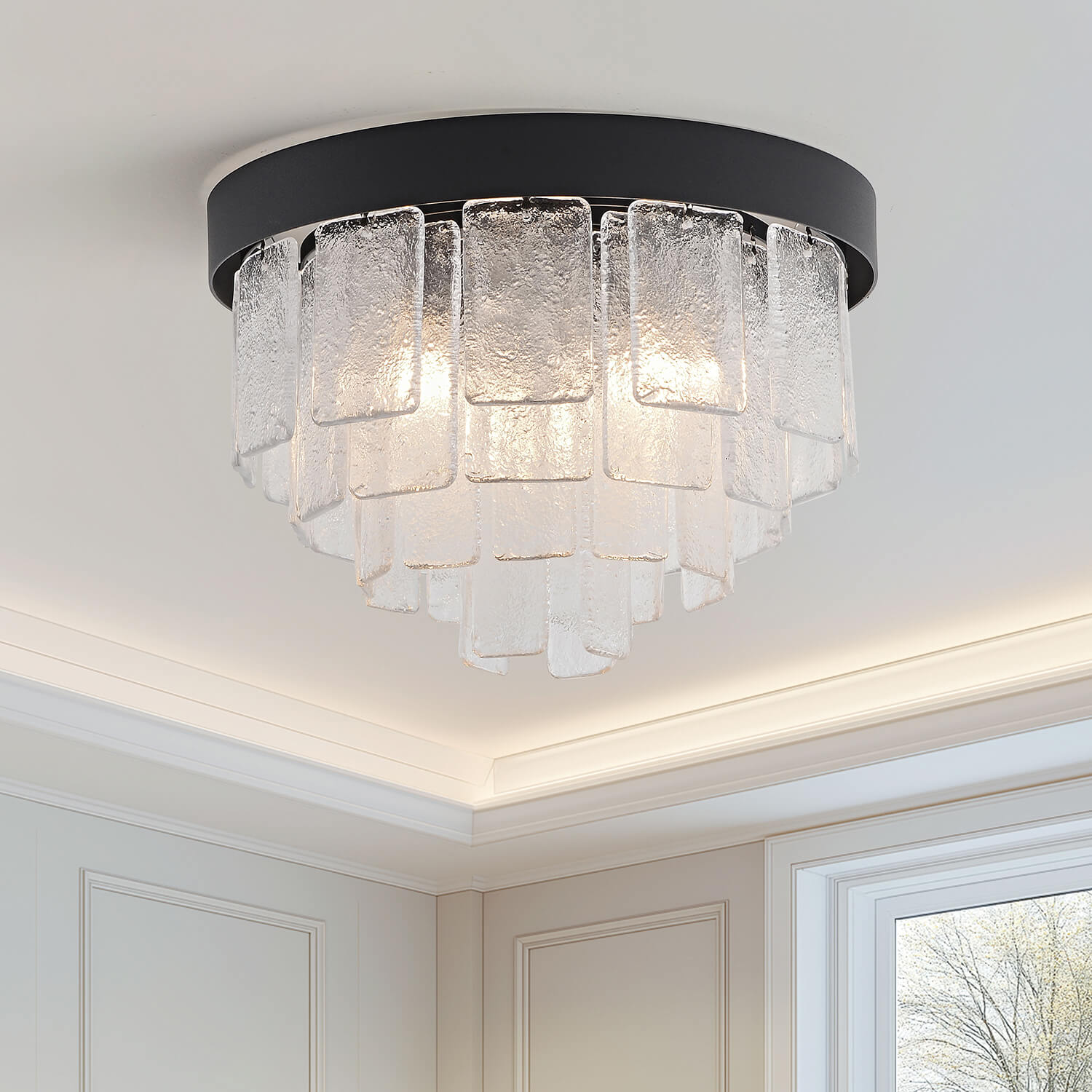 Audrey Matte Black 3-Light Tiered Clear Glass Panel Round Flush Mount LJ-9773-RMFS
